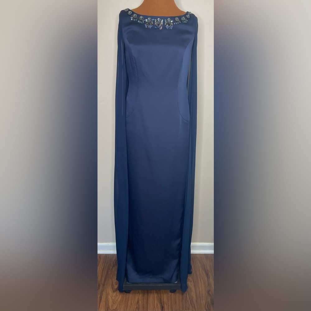 Adrianna Papell Navy Maxi Dress with Embellished Neckline